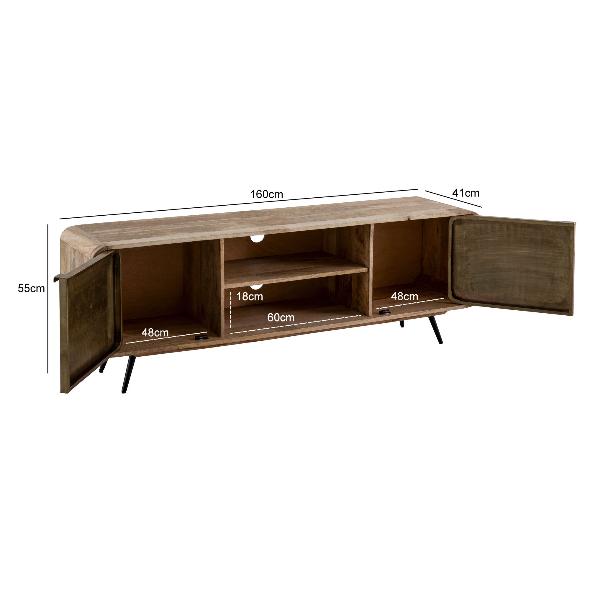FineBuy Lowboard Mango Massivholz 160x55x41 cm TV-Kommode mit zwei punzierten Türen, Design TV-Schrank Hoch, Fernsehtisch Fernsehschrank Modern, Fernsehkommode Wohnzimmer | Farbe: Braun