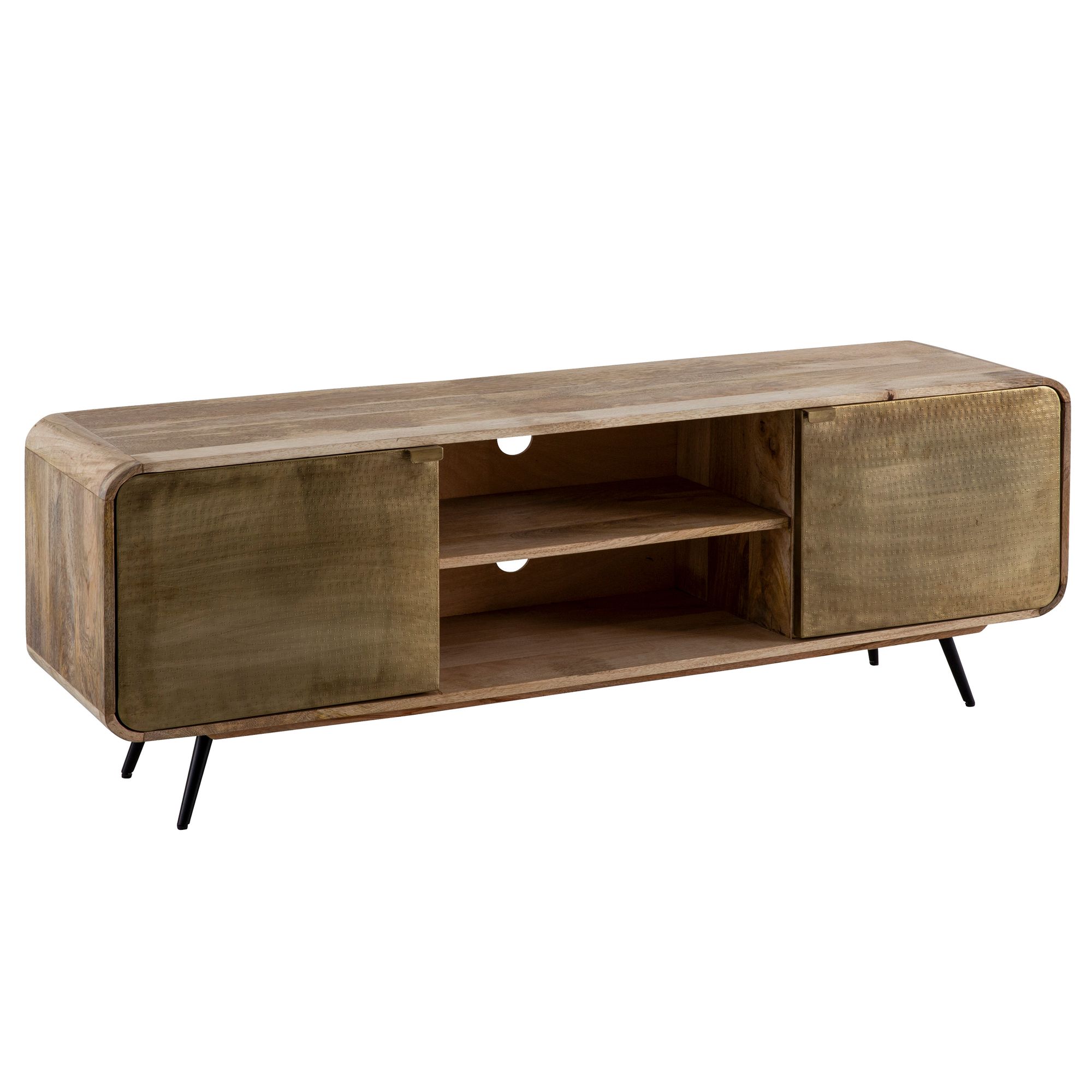 FineBuy Lowboard Mango Massivholz 160x55x41 cm TV-Kommode mit zwei punzierten Türen, Design TV-Schrank Hoch, Fernsehtisch Fernsehschrank Modern, Fernsehkommode Wohnzimmer | Farbe: Braun