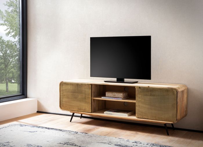 FineBuy Lowboard Mango Massivholz 160x55x41 cm TV-Kommode mit zwei punzierten Türen, Design TV-Schrank Hoch, Fernsehtisch Fernsehschrank Modern, Fernsehkommode Wohnzimmer