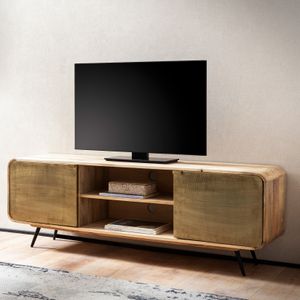 FineBuy Lowboard Mango Massivholz 160x55x41 cm TV-Kommode mit zwei punzierten Türen, Design TV-Schrank Hoch, Fernsehtisch Fernsehschrank Modern, Fernsehkommode Wohnzimmer