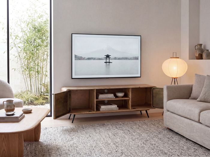 FineBuy Lowboard Mango Massivholz 160x55x41 cm TV-Kommode mit zwei punzierten Türen, Design TV-Schrank Hoch, Fernsehtisch Fernsehschrank Modern, Fernsehkommode Wohnzimmer