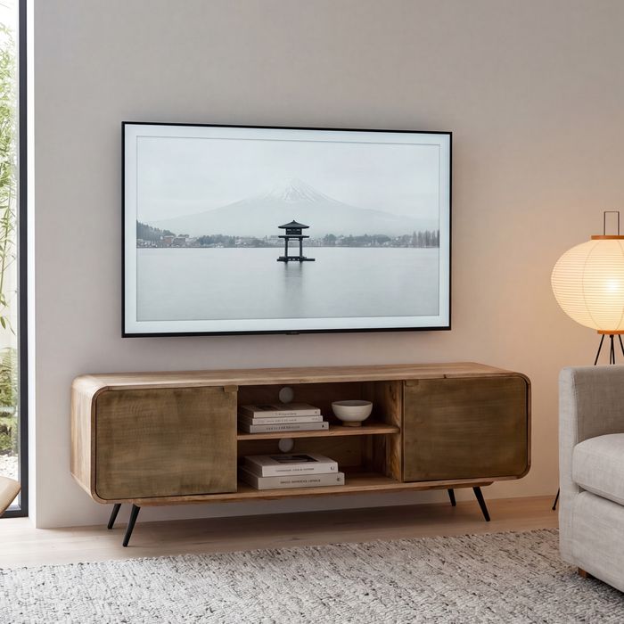 FineBuy Lowboard Mango Massivholz 160x55x41 cm TV-Kommode mit zwei punzierten Türen, Design TV-Schrank Hoch, Fernsehtisch Fernsehschrank Modern, Fernsehkommode Wohnzimmer