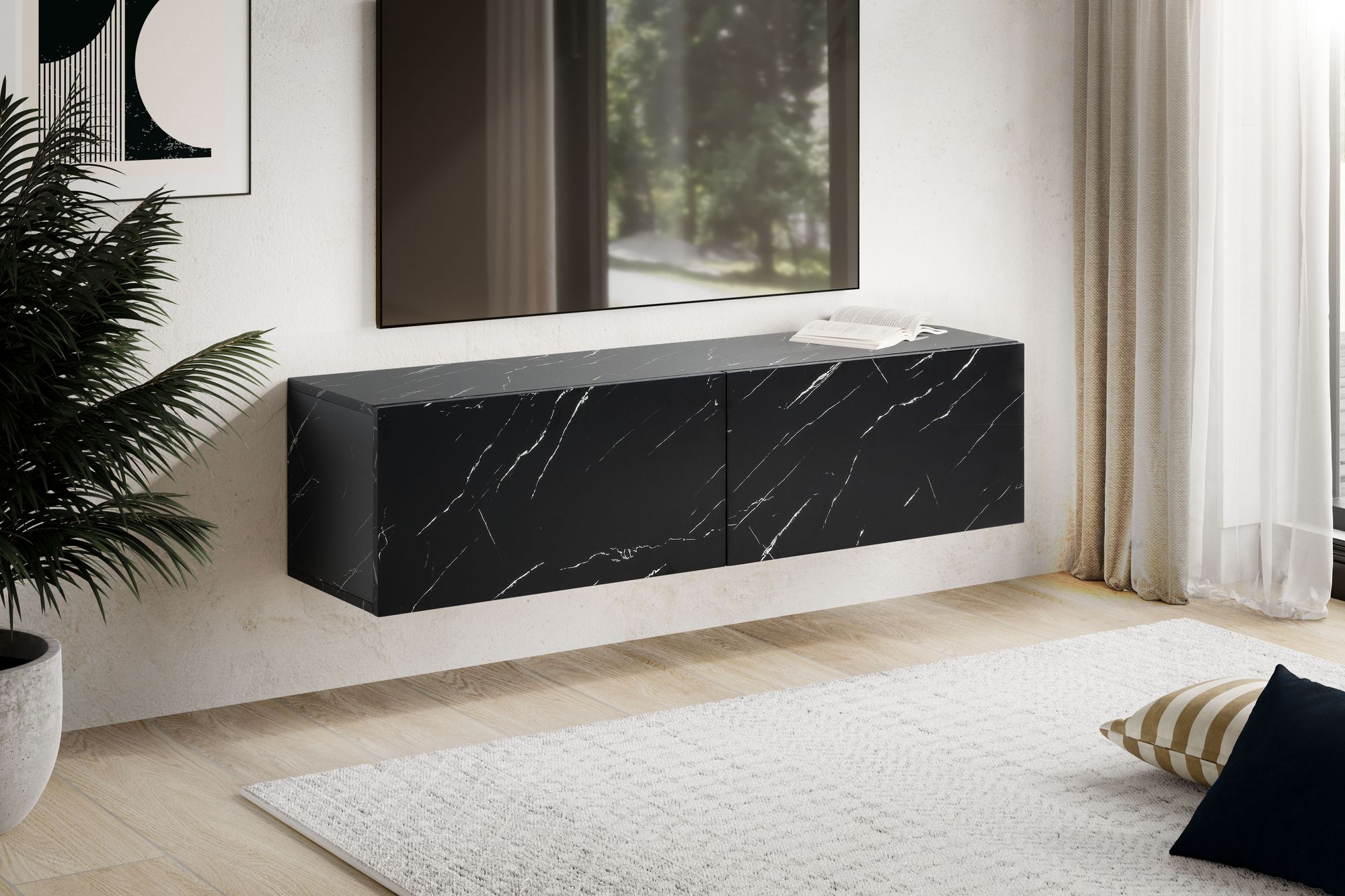 FineBuy Lowboard Hängend Marmor-Optik 120x30x30 cm TV-Schrank, Design Fernsehtisch mit Klapptüren Modern, Fernsehschrank Wand, TV-Kommode Fernsehkommode zum Aufhängen | Farbe: Weiß