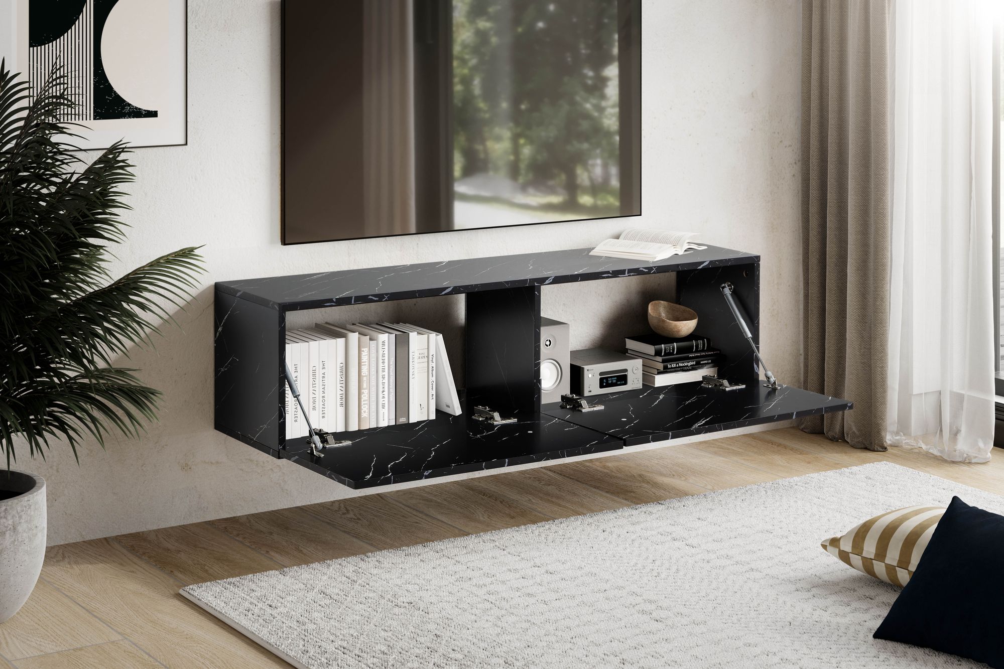 FineBuy Lowboard Hängend Marmor-Optik 120x30x30 cm TV-Schrank, Design Fernsehtisch mit Klapptüren Modern, Fernsehschrank Wand, TV-Kommode Fernsehkommode zum Aufhängen | Farbe: Weiß