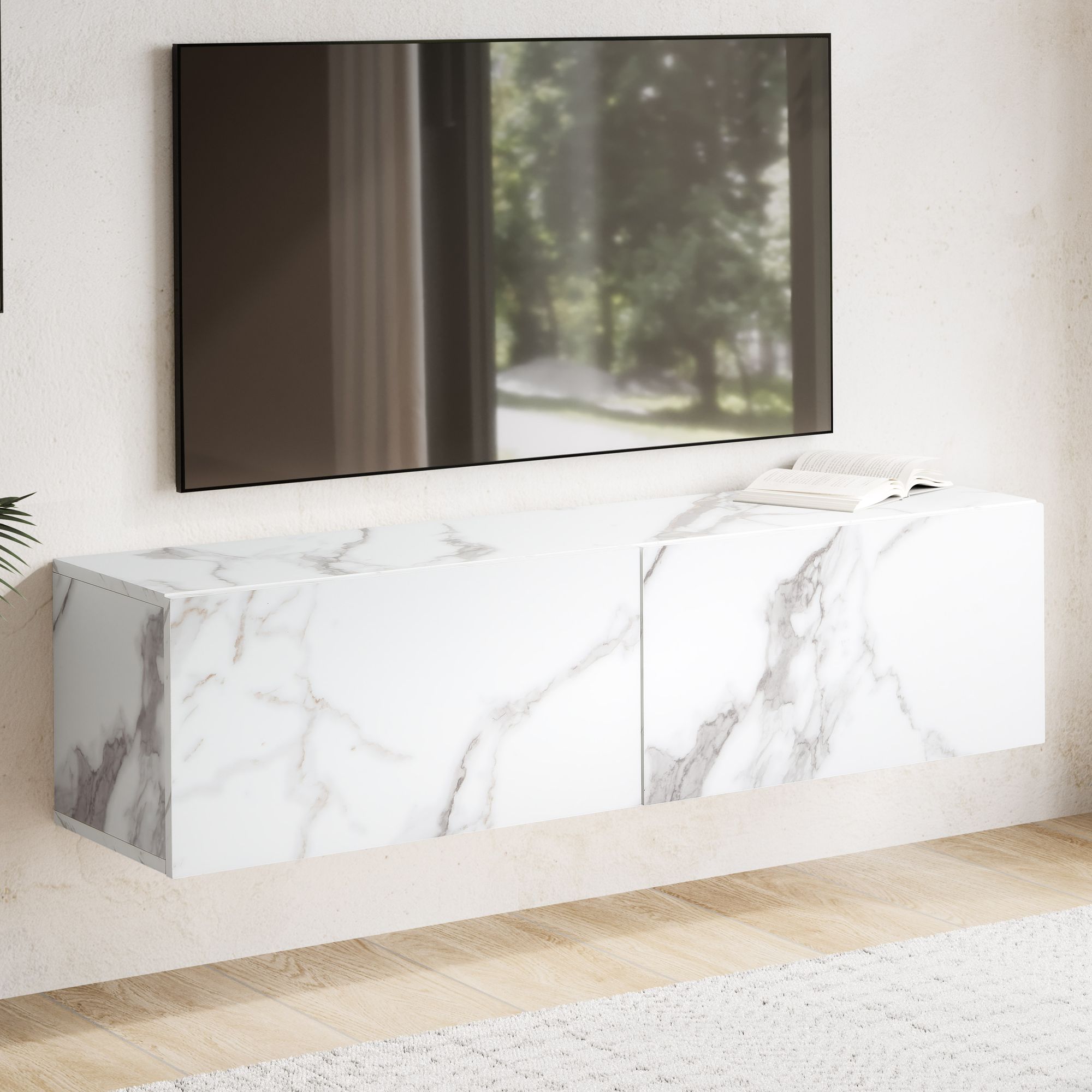 FineBuy Lowboard Hängend Marmor-Optik 120x30x30 cm TV-Schrank, Design Fernsehtisch mit Klapptüren Modern, Fernsehschrank Wand, TV-Kommode Fernsehkommode zum Aufhängen | Farbe: Weiß