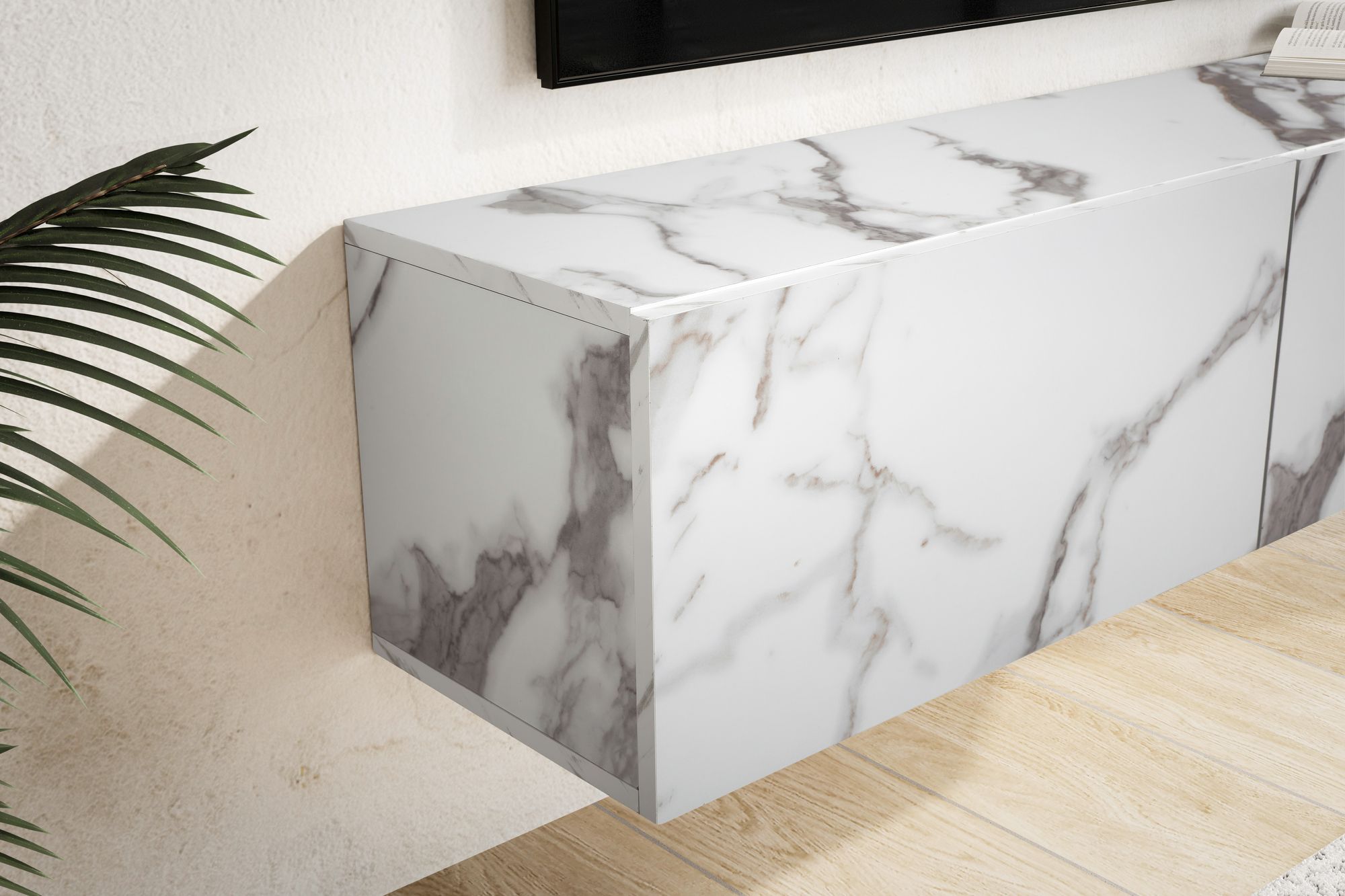 FineBuy Lowboard Hängend Marmor-Optik 120x30x30 cm TV-Schrank, Design Fernsehtisch mit Klapptüren Modern, Fernsehschrank Wand, TV-Kommode Fernsehkommode zum Aufhängen | Farbe: Weiß