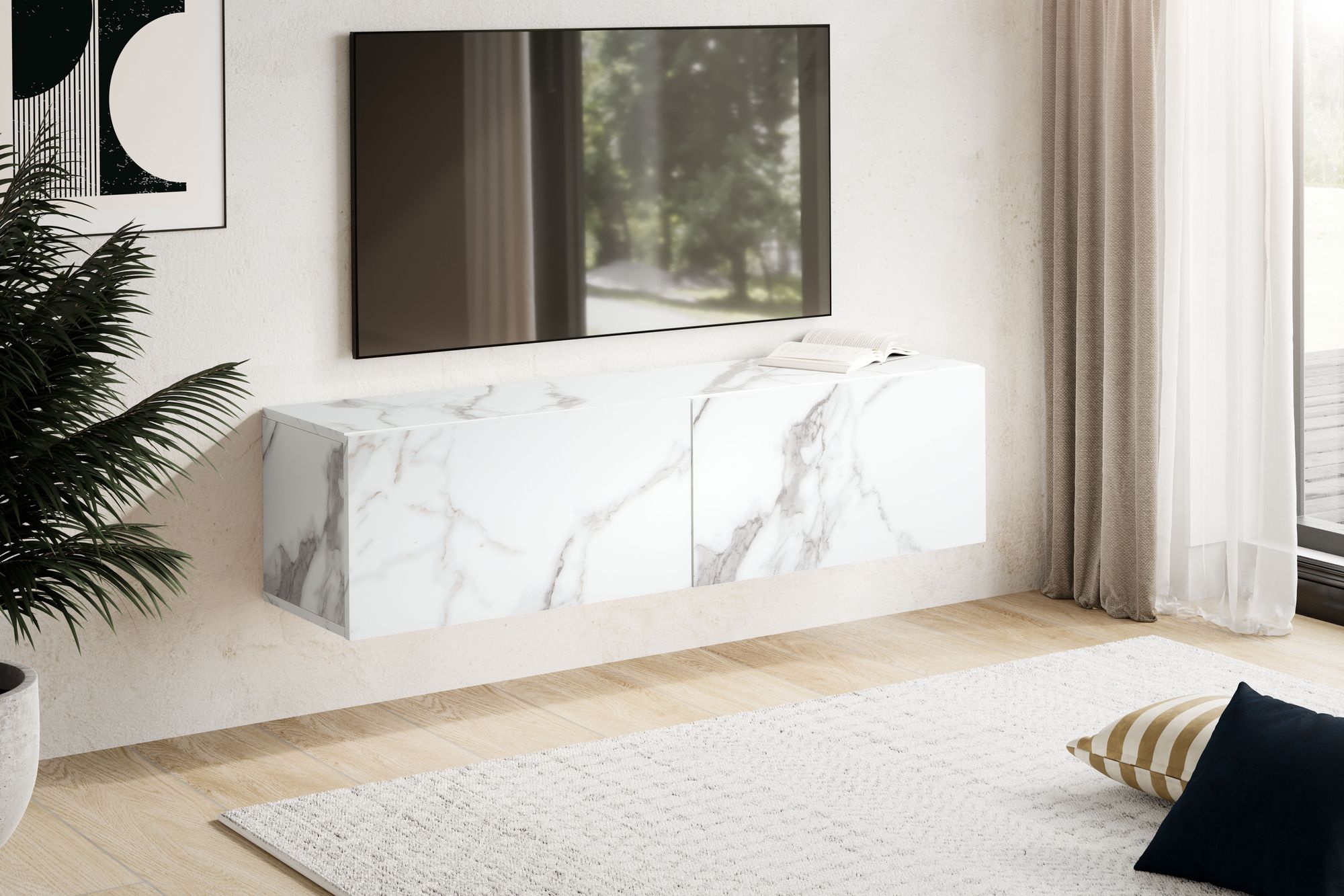 FineBuy Lowboard Hängend Marmor-Optik 120x30x30 cm TV-Schrank, Design Fernsehtisch mit Klapptüren Modern, Fernsehschrank Wand, TV-Kommode Fernsehkommode zum Aufhängen | Farbe: Weiß