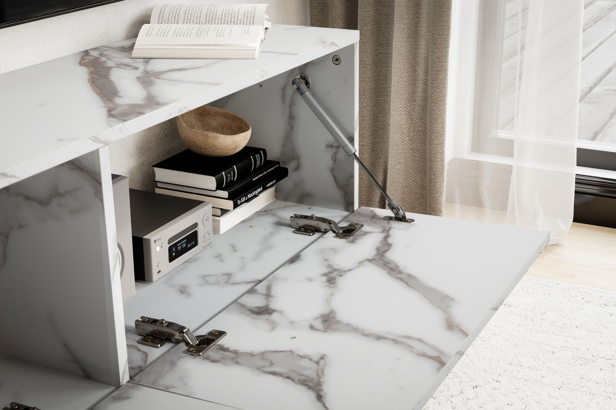 FineBuy Lowboard Hängend Marmor-Optik 120x30x30 cm TV-Schrank, Design Fernsehtisch mit Klapptüren Modern, Fernsehschrank Wand, TV-Kommode Fernsehkommode zum Aufhängen | Farbe: Weiß