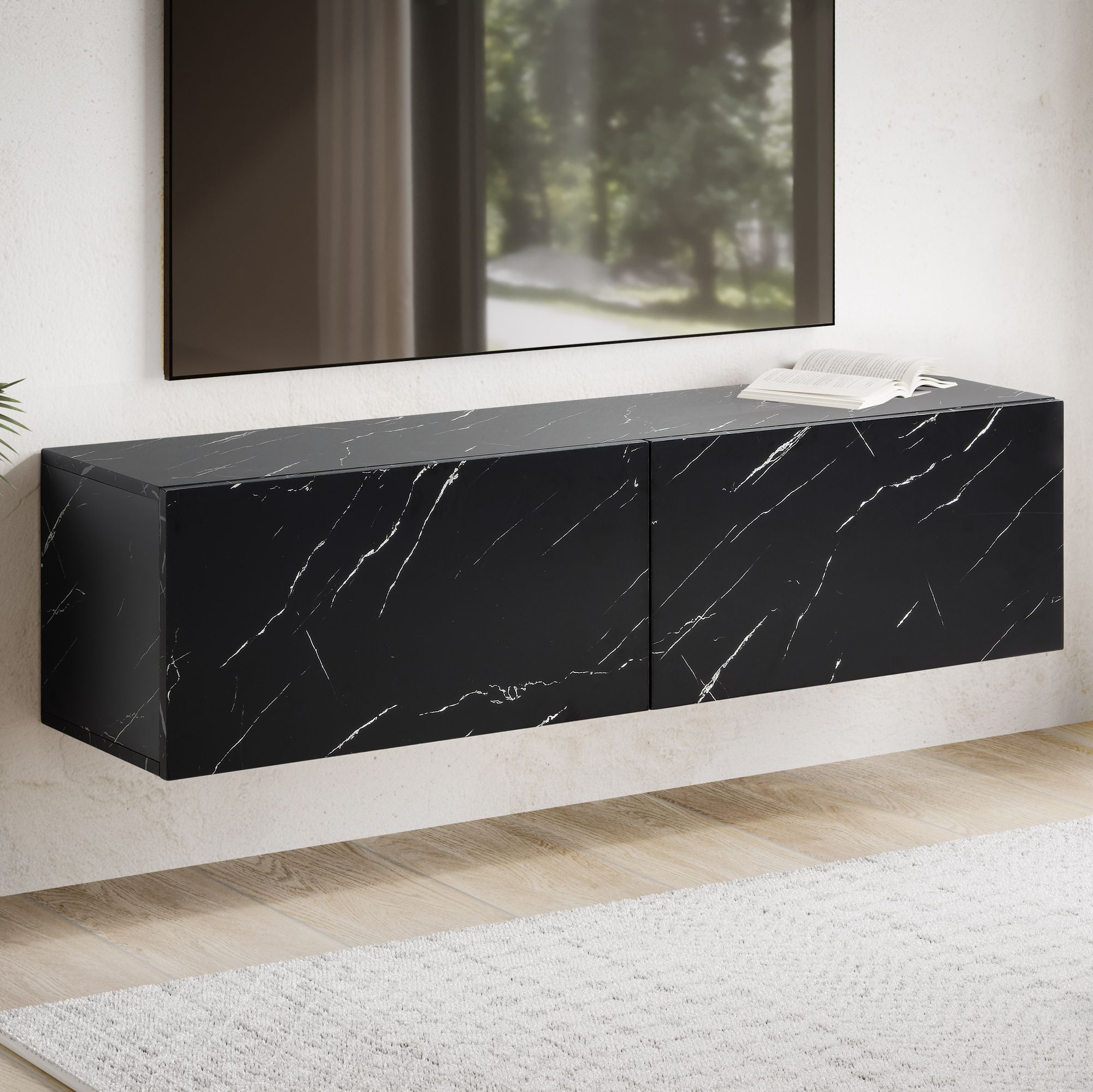 FineBuy Lowboard Hängend Marmor-Optik 120x30x30 cm TV-Schrank, Design Fernsehtisch mit Klapptüren Modern, Fernsehschrank Wand, TV-Kommode Fernsehkommode zum Aufhängen | Farbe: Weiß