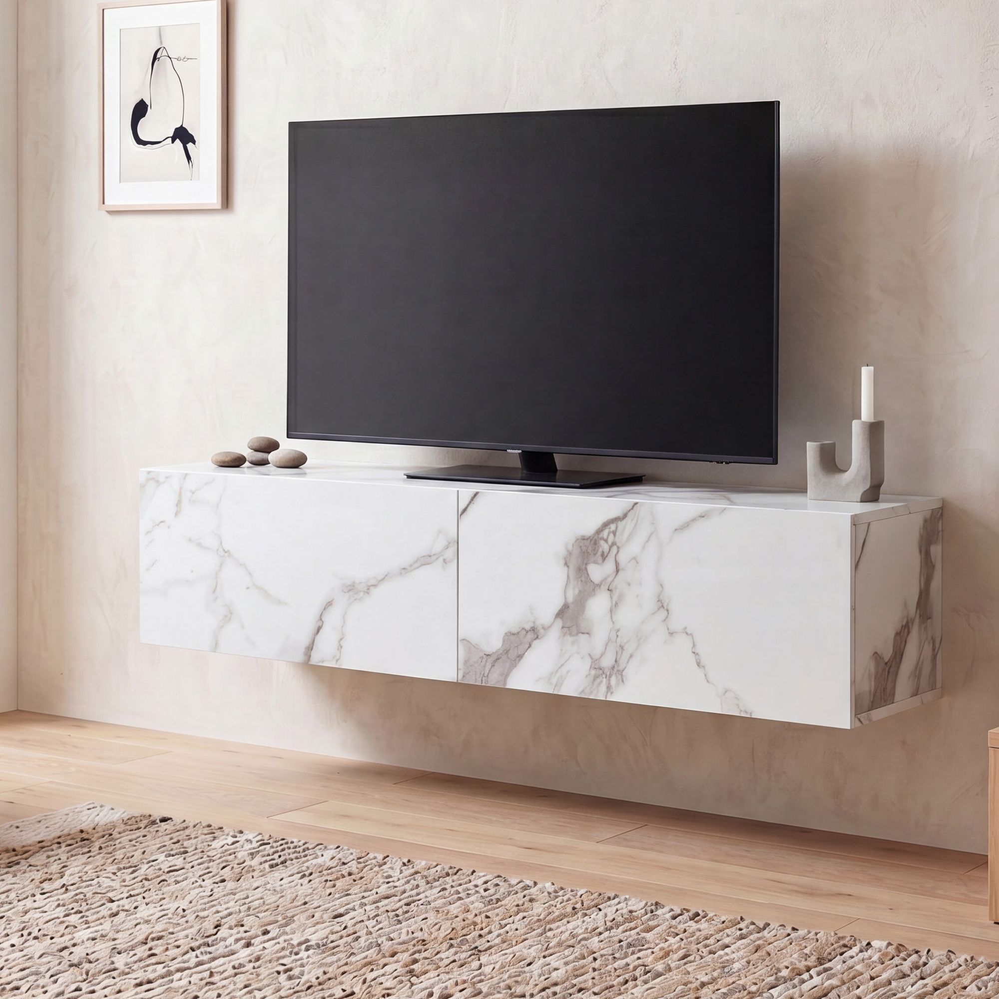 TV Schrank FineBuy Hängend 120 cm Lowboard Marmor-Optik TV-Kommode Klapptür – Ansicht 1