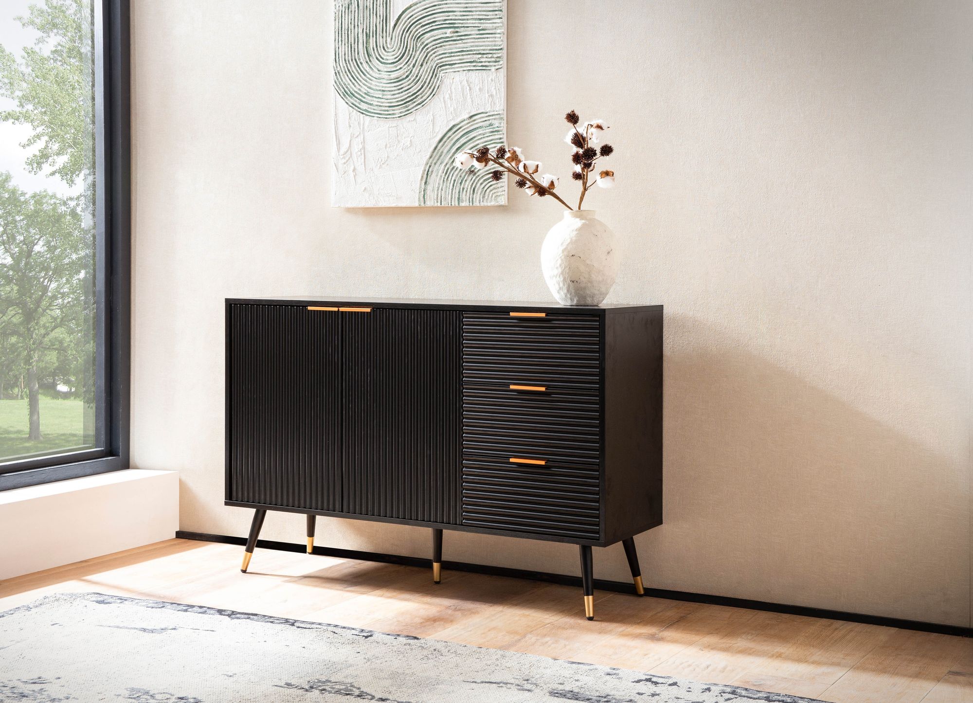 FineBuy Sideboard 120x80x40 cm Anrichte Schwarz mit Eiche-Dekor, Kommode mit Türen und Schubladen, Kommodenschrank Flurschrank Modern, Standschrank Wohnzimmer Metallbeine | Farbe: Schwarz
