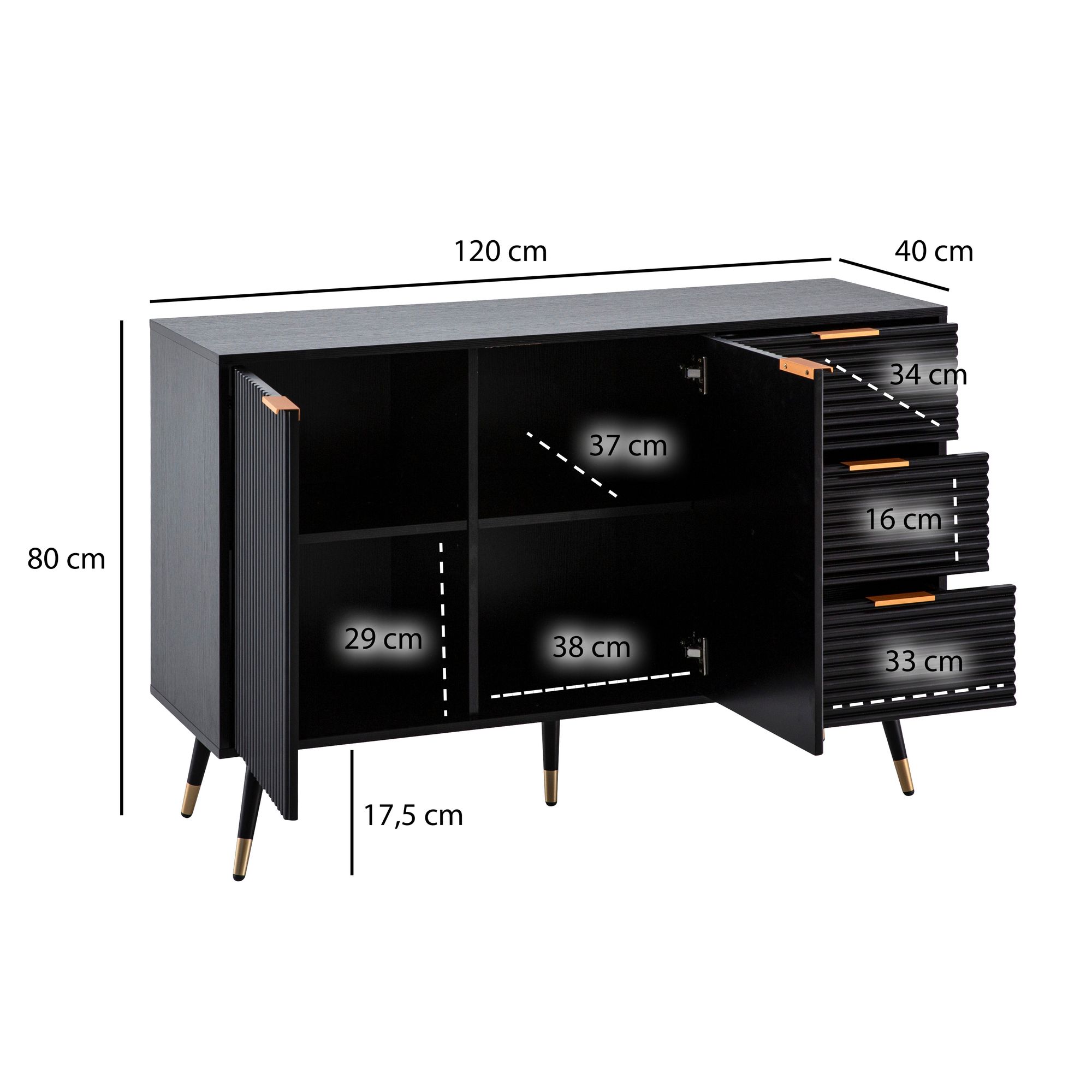 FineBuy Sideboard 120x80x40 cm Anrichte Schwarz mit Eiche-Dekor, Kommode mit Türen und Schubladen, Kommodenschrank Flurschrank Modern, Standschrank Wohnzimmer Metallbeine | Farbe: Schwarz