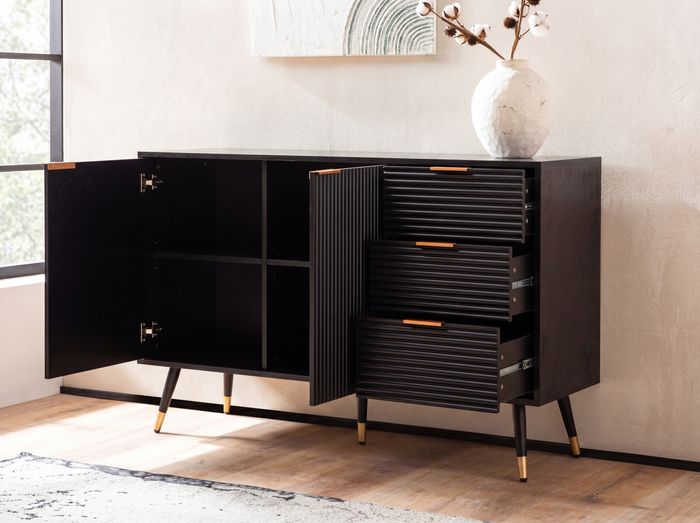 FineBuy Sideboard 120x80x40 cm Anrichte Schwarz mit Eiche-Dekor, Kommode mit Türen und Schubladen, Kommodenschrank Flurschrank Modern, Standschrank Wohnzimmer Metallbeine