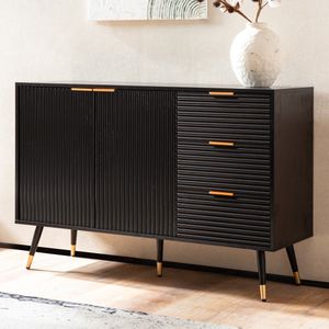 FB104108 FineBuy Sideboard 120x80x40 cm Anrichte Schwarz mit Eiche-Dekor, Kommode mit Türen und Schubladen, Kommodenschrank Flurschrank Modern, Standschrank Wohnzimmer Metallbeine