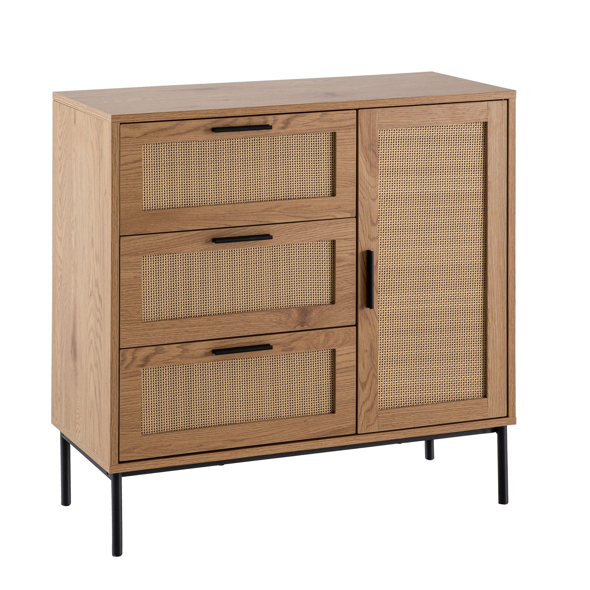 Kommode in Eiche Dekor 80 cm Sideboard mit 3 Schubladen & 1 Tür aus Wiener Rattan Geflecht Design Highboard - Schubladenkommode | Farbe: Braun