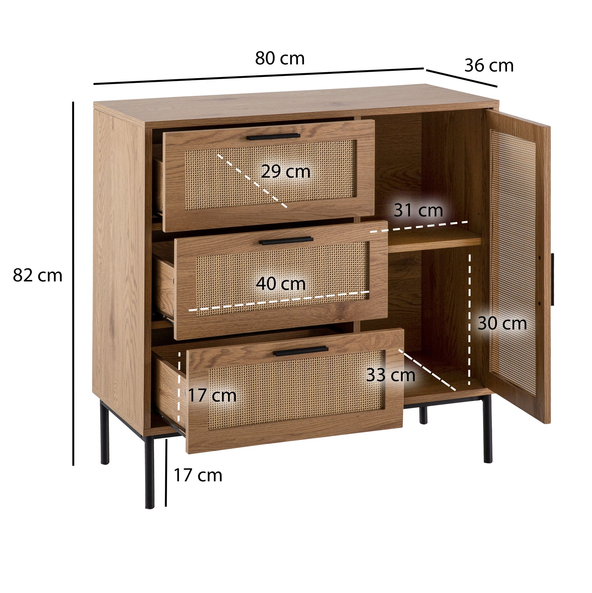 Kommode in Eiche Dekor 80 cm Sideboard mit 3 Schubladen & 1 Tür aus Wiener Rattan Geflecht Design Highboard - Schubladenkommode | Farbe: Braun