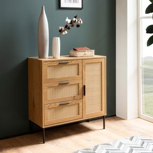 FineBuy Kommode 80x82x36 cm Flurkommode Eiche-Dekor & Rattan, Sideboard mit drei Schubladen und Tür, Kommodenschrank Modern, Standschrank Anrichte Schubladenkommode
