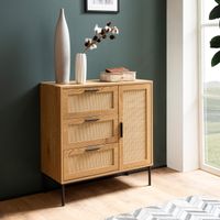 Kommode in Eiche Dekor 80 cm Sideboard mit 3 Schubladen & 1 Tür aus Wiener Rattan Geflecht Design Highboard - Schubladenkommode – Ansicht 1