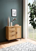 Kommode in Eiche Dekor 80 cm Sideboard mit 3 Schubladen & 1 Tür aus Wiener Rattan Geflecht Design Highboard - Schubladenkommode – Ansicht 2