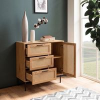 Kommode in Eiche Dekor 80 cm Sideboard mit 3 Schubladen & 1 Tür aus Wiener Rattan Geflecht Design Highboard - Schubladenkommode – Ansicht 2