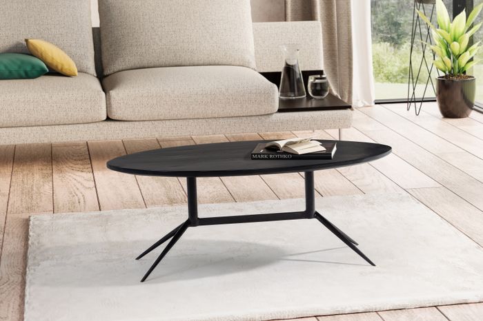 FineBuy Couchtisch 90x50x35 cm Mango Massivholz / Metall Schwarz Sofatisch Oval, Design Wohnzimmertisch mit natürlicher Holzmaserung, Kaffeetisch Wohnzimmer Modern