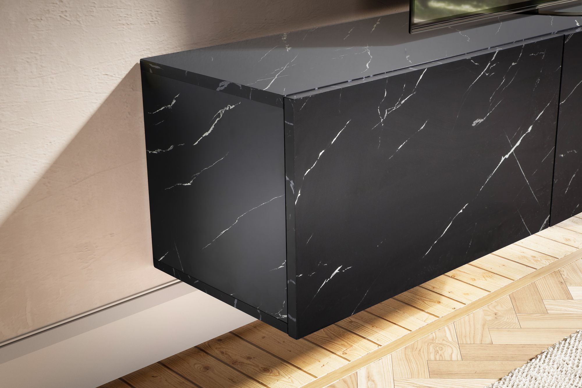 FineBuy Lowboard Hängend Marmor-Optik 160x30x30 cm TV-Schrank, Design Fernsehtisch mit Klapptüren Modern, Fernsehschrank Wand, TV-Kommode Fernsehkommode zum Aufhängen | Farbe: Weiß