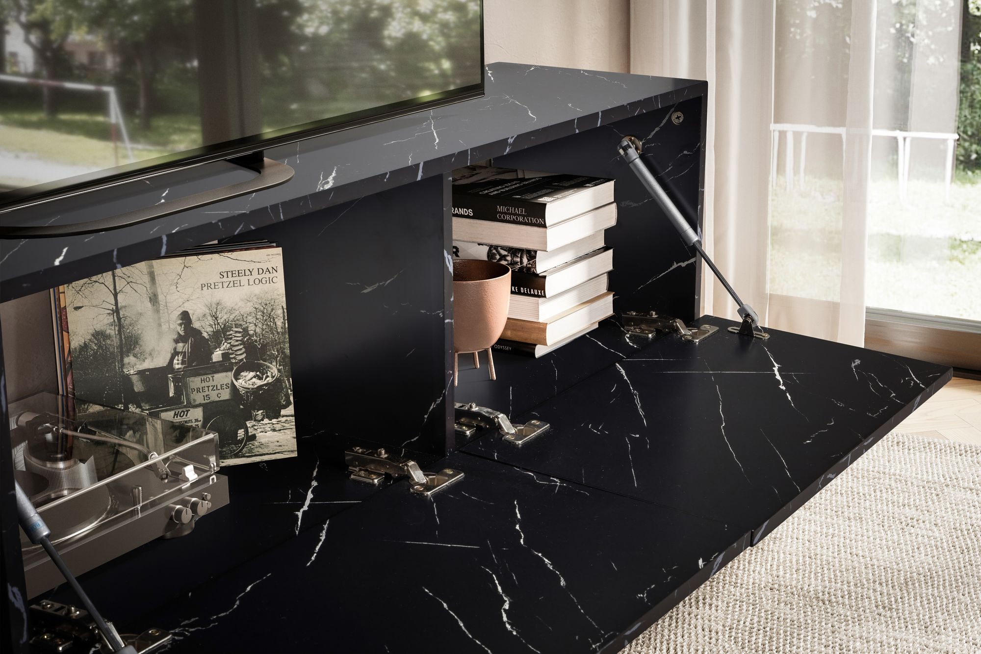 FineBuy Lowboard Hängend Marmor-Optik 160x30x30 cm TV-Schrank, Design Fernsehtisch mit Klapptüren Modern, Fernsehschrank Wand, TV-Kommode Fernsehkommode zum Aufhängen | Farbe: Weiß