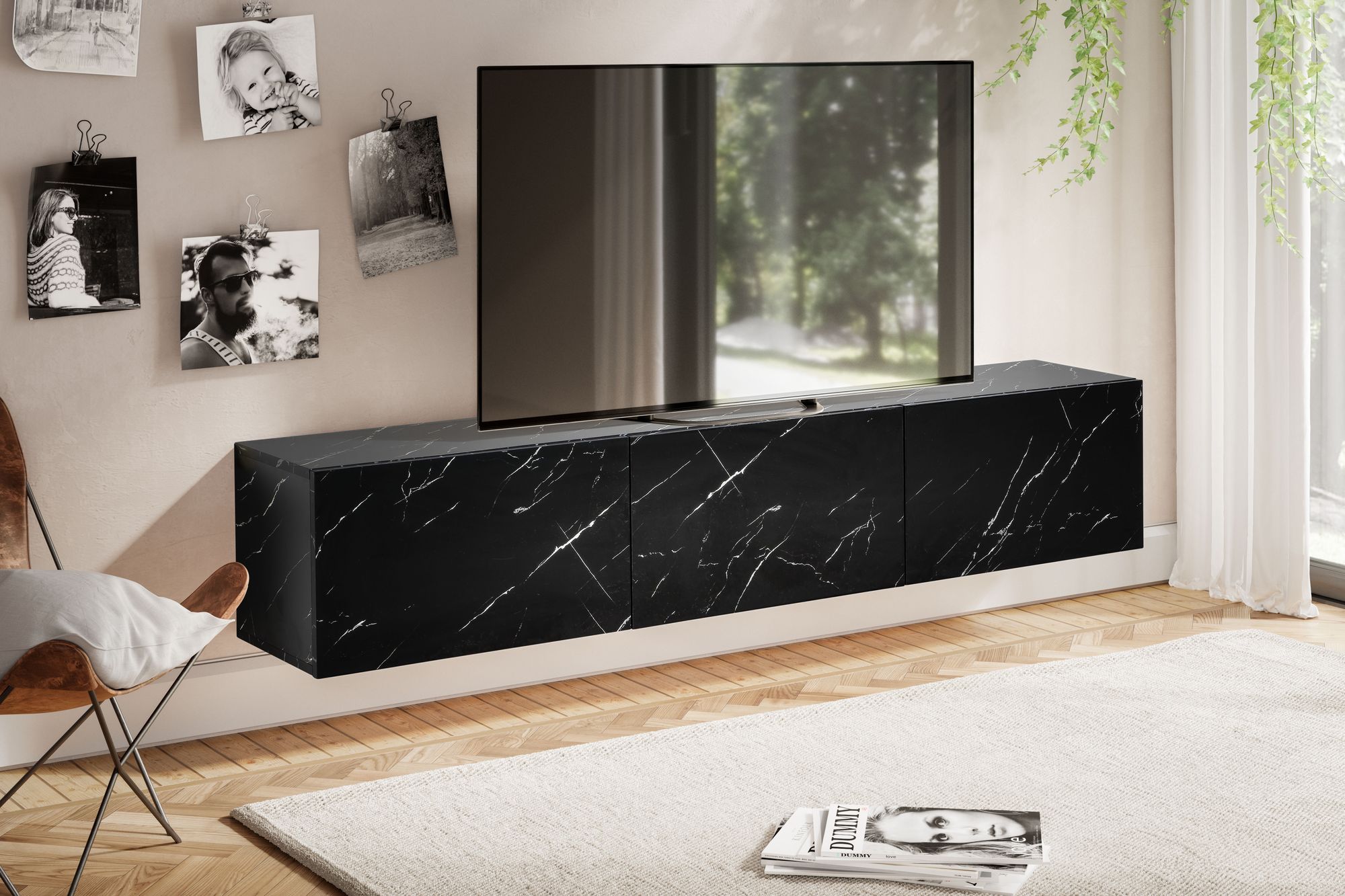 FineBuy Lowboard Hängend Marmor-Optik 160x30x30 cm TV-Schrank, Design Fernsehtisch mit Klapptüren Modern, Fernsehschrank Wand, TV-Kommode Fernsehkommode zum Aufhängen | Farbe: Weiß