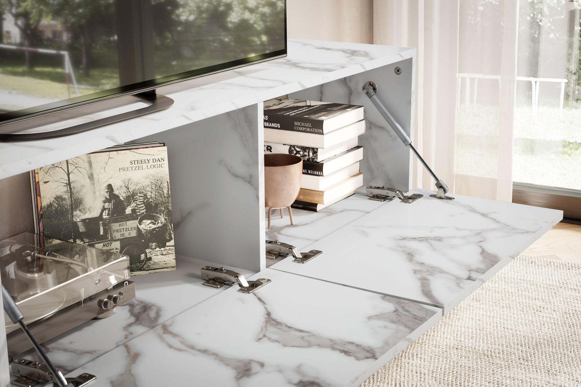 FineBuy Lowboard Hängend Marmor-Optik 160x30x30 cm TV-Schrank, Design Fernsehtisch mit Klapptüren Modern, Fernsehschrank Wand, TV-Kommode Fernsehkommode zum Aufhängen | Farbe: Weiß