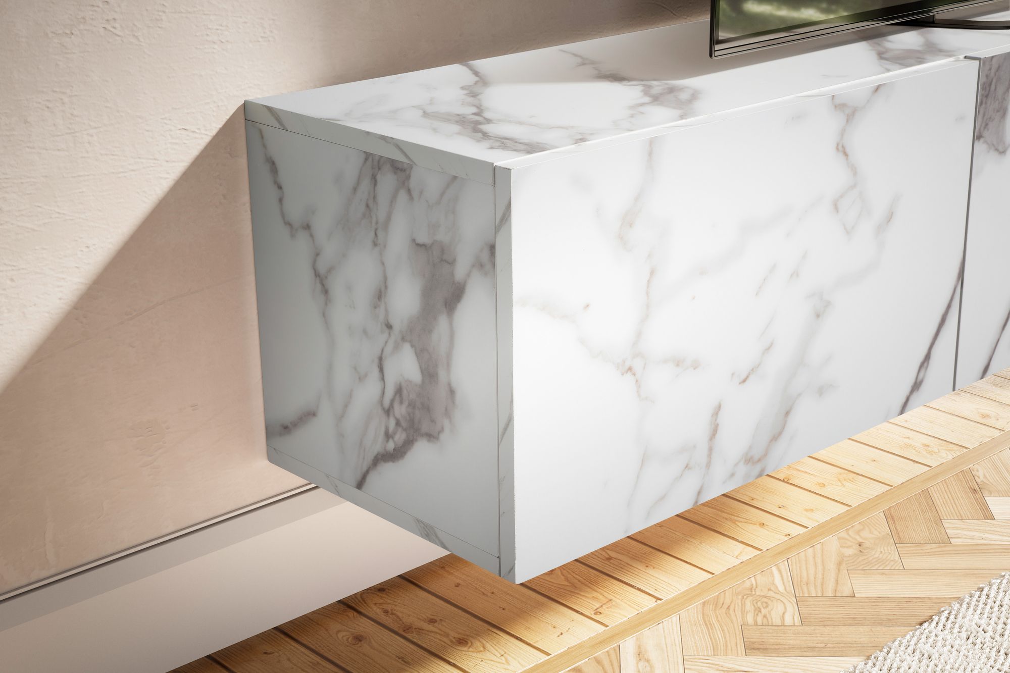 FineBuy Lowboard Hängend Marmor-Optik 160x30x30 cm TV-Schrank, Design Fernsehtisch mit Klapptüren Modern, Fernsehschrank Wand, TV-Kommode Fernsehkommode zum Aufhängen | Farbe: Weiß