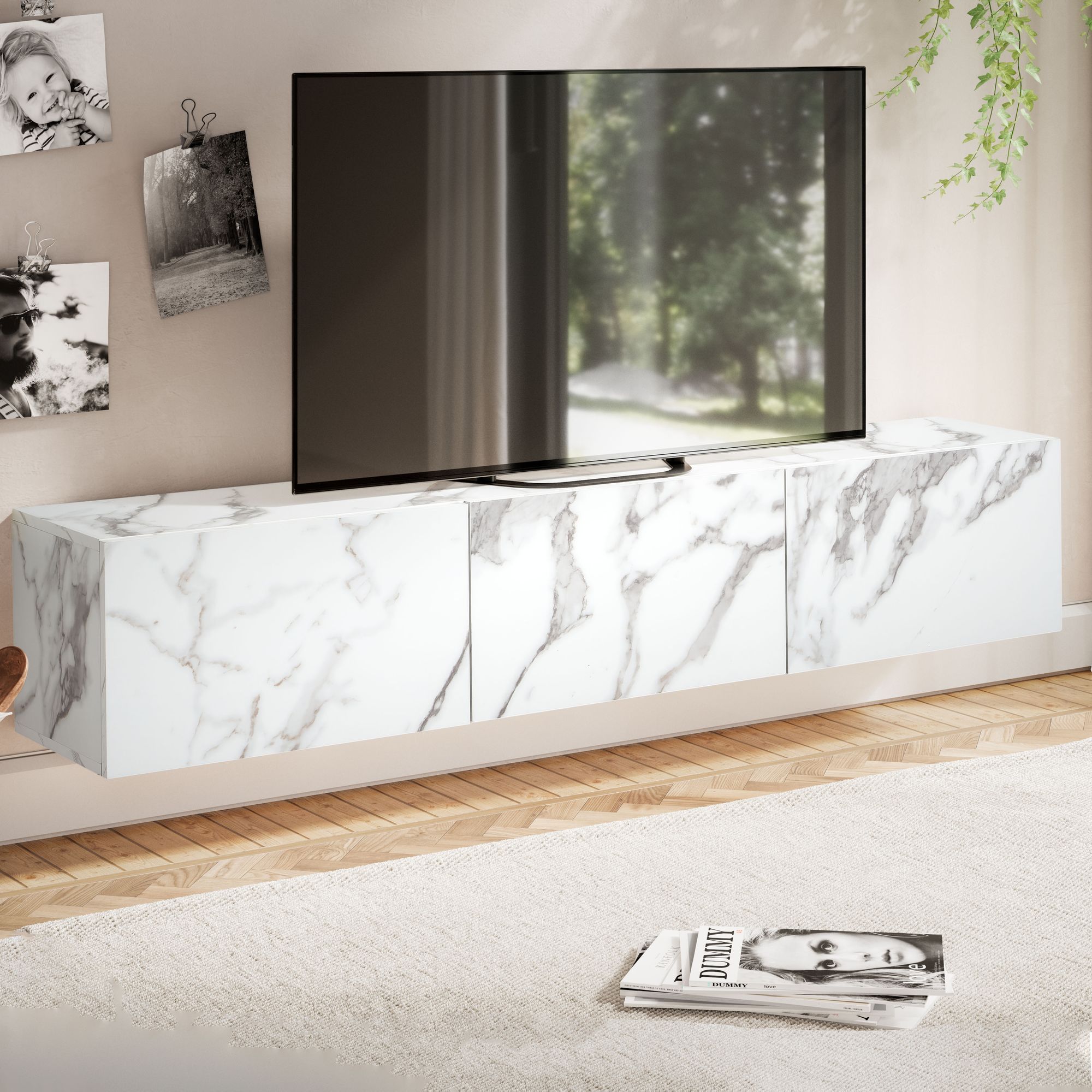 FineBuy Lowboard Hängend Marmor-Optik 160x30x30 cm TV-Schrank, Design Fernsehtisch mit Klapptüren Modern, Fernsehschrank Wand, TV-Kommode Fernsehkommode zum Aufhängen | Farbe: Weiß
