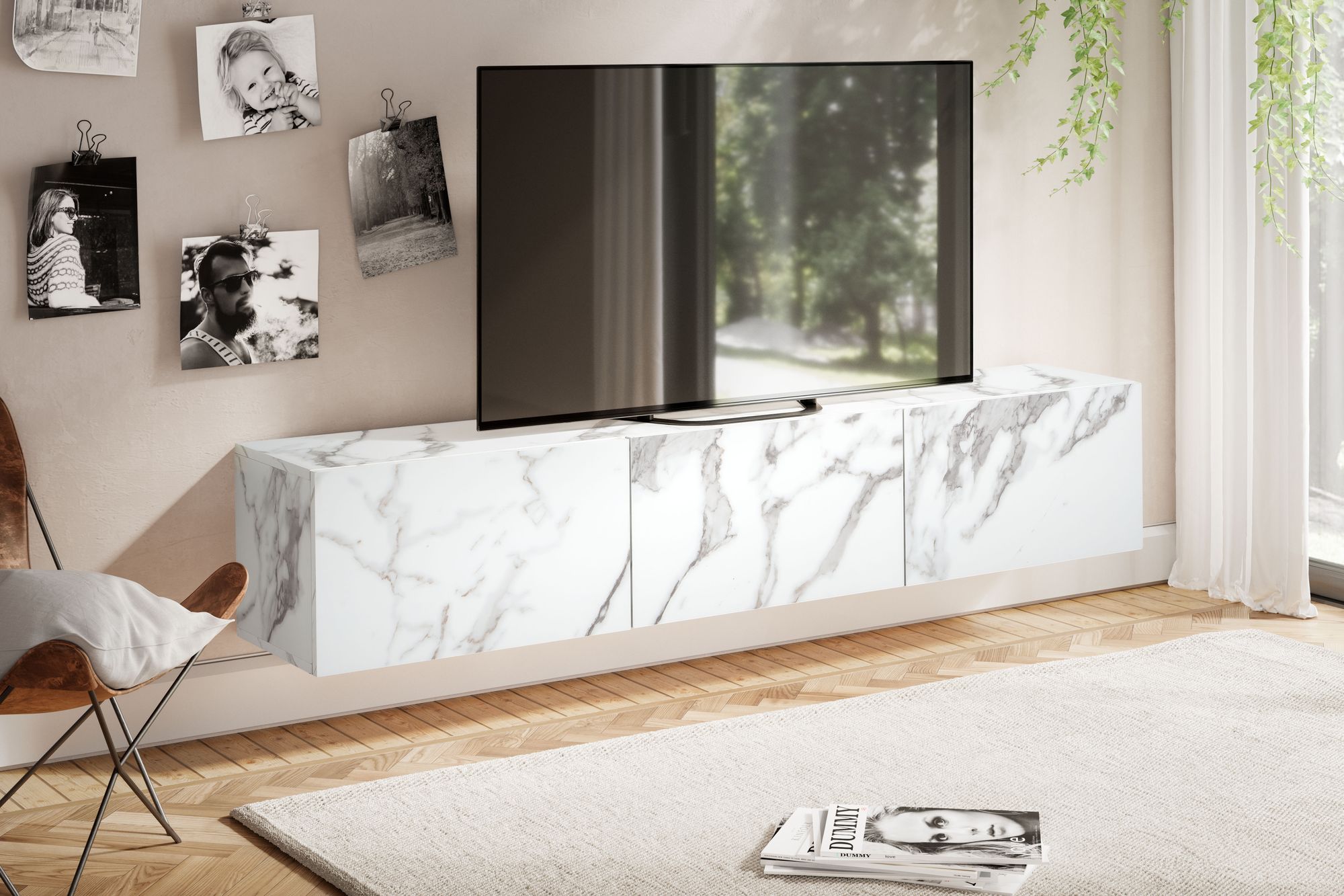 FineBuy Lowboard Hängend Marmor-Optik 160x30x30 cm TV-Schrank, Design Fernsehtisch mit Klapptüren Modern, Fernsehschrank Wand, TV-Kommode Fernsehkommode zum Aufhängen | Farbe: Weiß