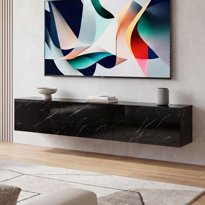 TV Schrank FineBuy Hängend 160 cm Lowboard Marmor-Optik TV-Kommode Klapptür