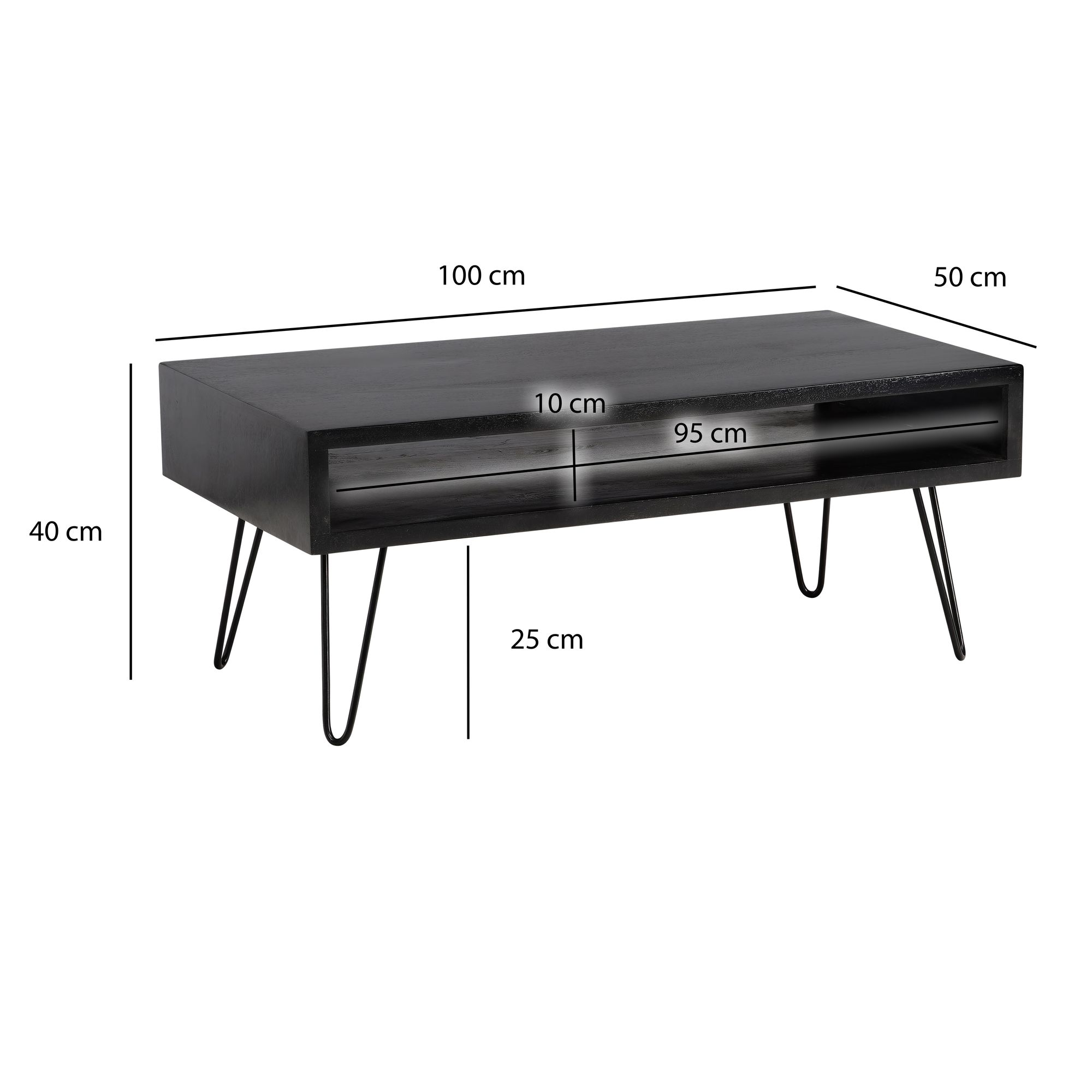 FineBuy Couchtisch Mango Massivholz schwarz 100x50 cm · rechteckiger Wohnzimmertisch mit Ablagefach · Massivholztisch mit Hairpin-Beinen im modernen Industrial Design | Farbe: Schwarz