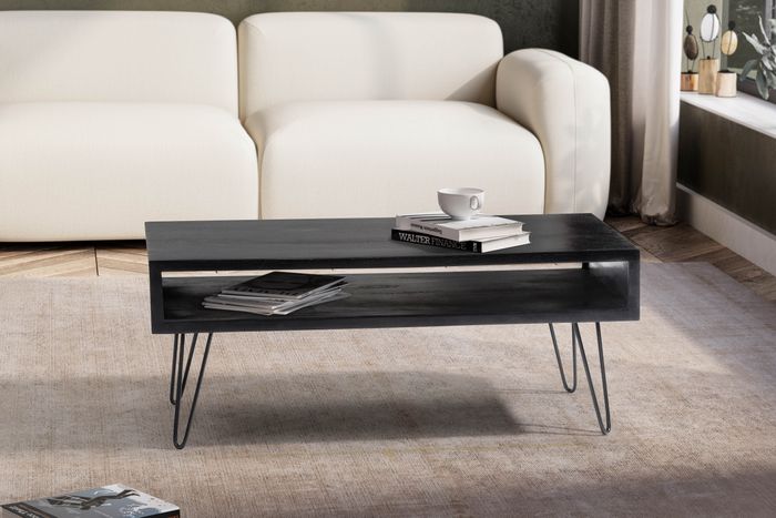 FineBuy Couchtisch 100x50x40 cm Mango Massivholz Metall Sofatisch, Design Wohnzimmertisch Rechteckig mit Stauraum, Kaffeetisch Massiv, Großer Tisch Wohnzimmer mit Haarnadelbeine