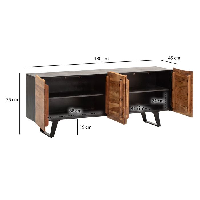 Massivholz Sideboard 180cm Akazie Kommode mit 4 Türen Baumkante Industrial Design Metall Schwarz – Maßzeichnung