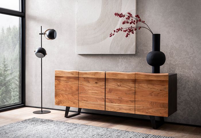 FineBuy Sideboard Akazie Massivholz 180x75x45 cm Anrichte Schwarz mit Baumkante, Kommode mit Türen, Kommodenschrank Flurschrank Modern, Standschrank Wohnzimmer mit Metallbeine