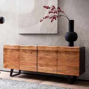 FineBuy Sideboard Akazie Massivholz 180x75x45 cm Anrichte Schwarz mit Baumkante, Kommode mit Türen, Kommodenschrank Flurschrank Modern, Standschrank Wohnzimmer mit Metallbeine
