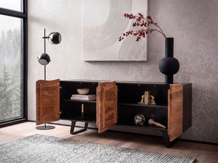 FineBuy Sideboard Akazie Massivholz 180x75x45 cm Anrichte Schwarz mit Baumkante, Kommode mit Türen, Kommodenschrank Flurschrank Modern, Standschrank Wohnzimmer mit Metallbeine
