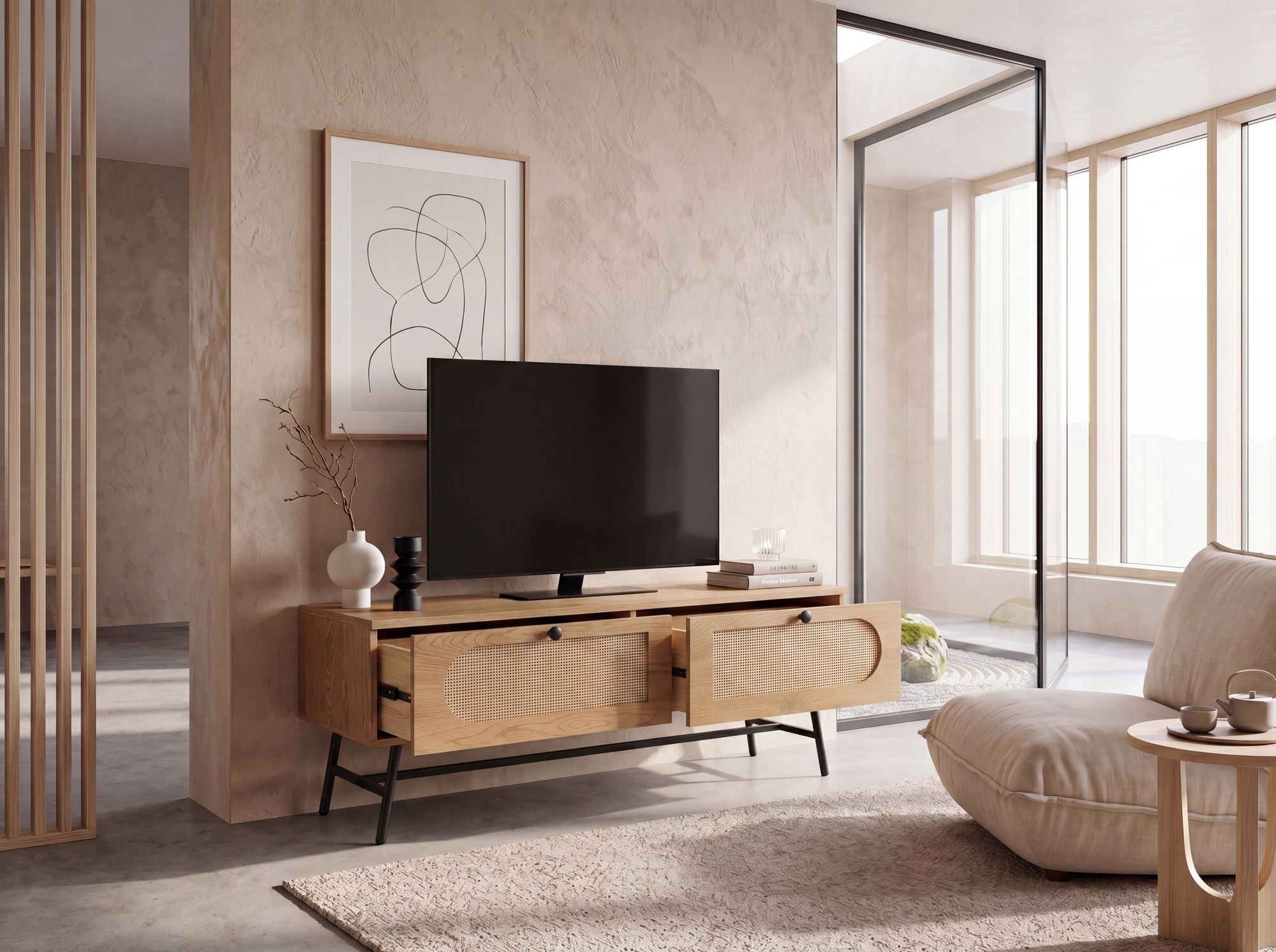 TV-Board 100cm MDF Eiche Dekor 2 Schubladen Wiener Geflecht Ratten Fernsehschrank Lowboard – Ansicht 2