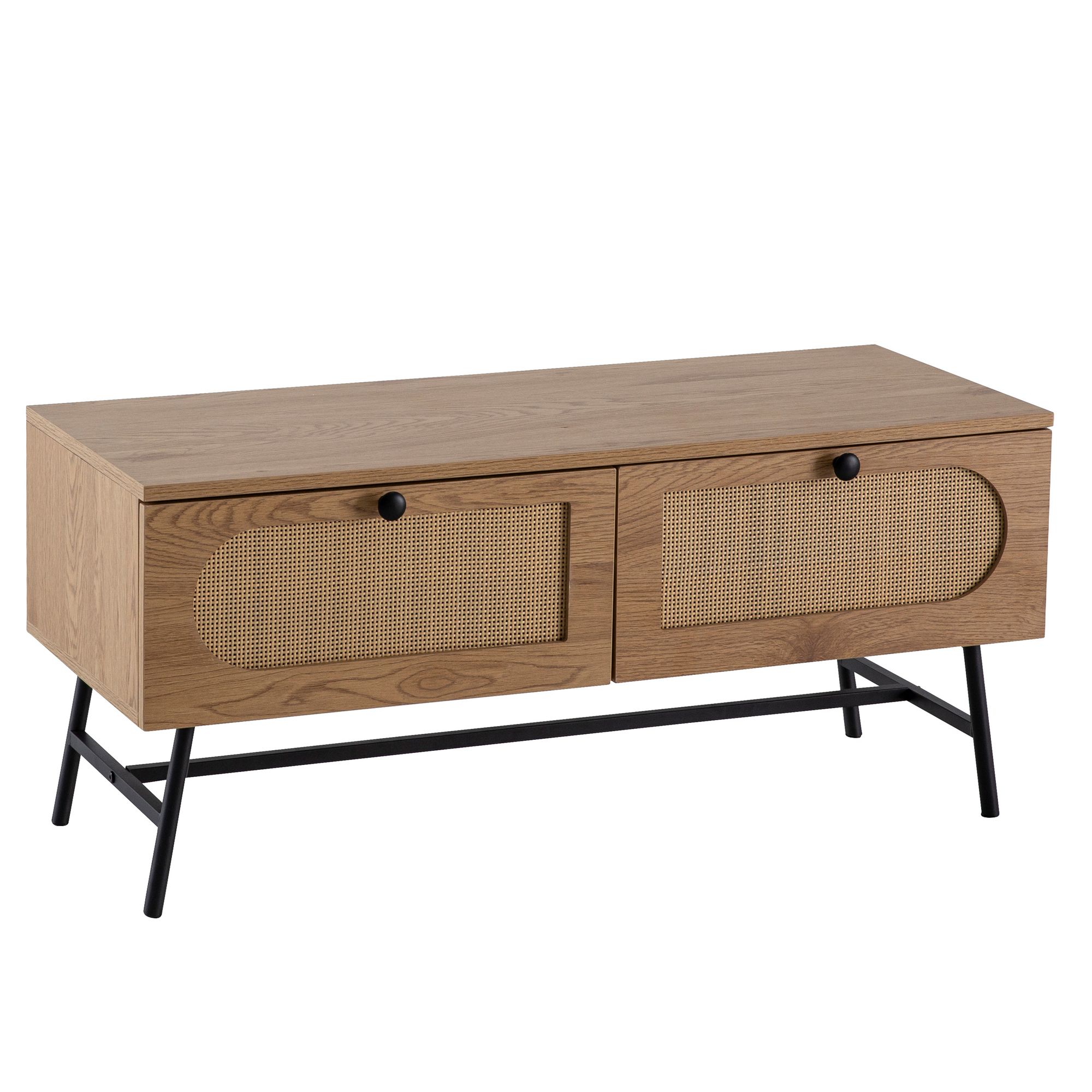 FineBuy Lowboard 100x45x40 cm TV-Kommode mit Eiche-Dekor & Rattan, Design TV-Schrank Hoch mit Schubladen, Fernsehtisch Fernsehschrank, Fernsehkommode Wohnzimmer | Farbe: Braun