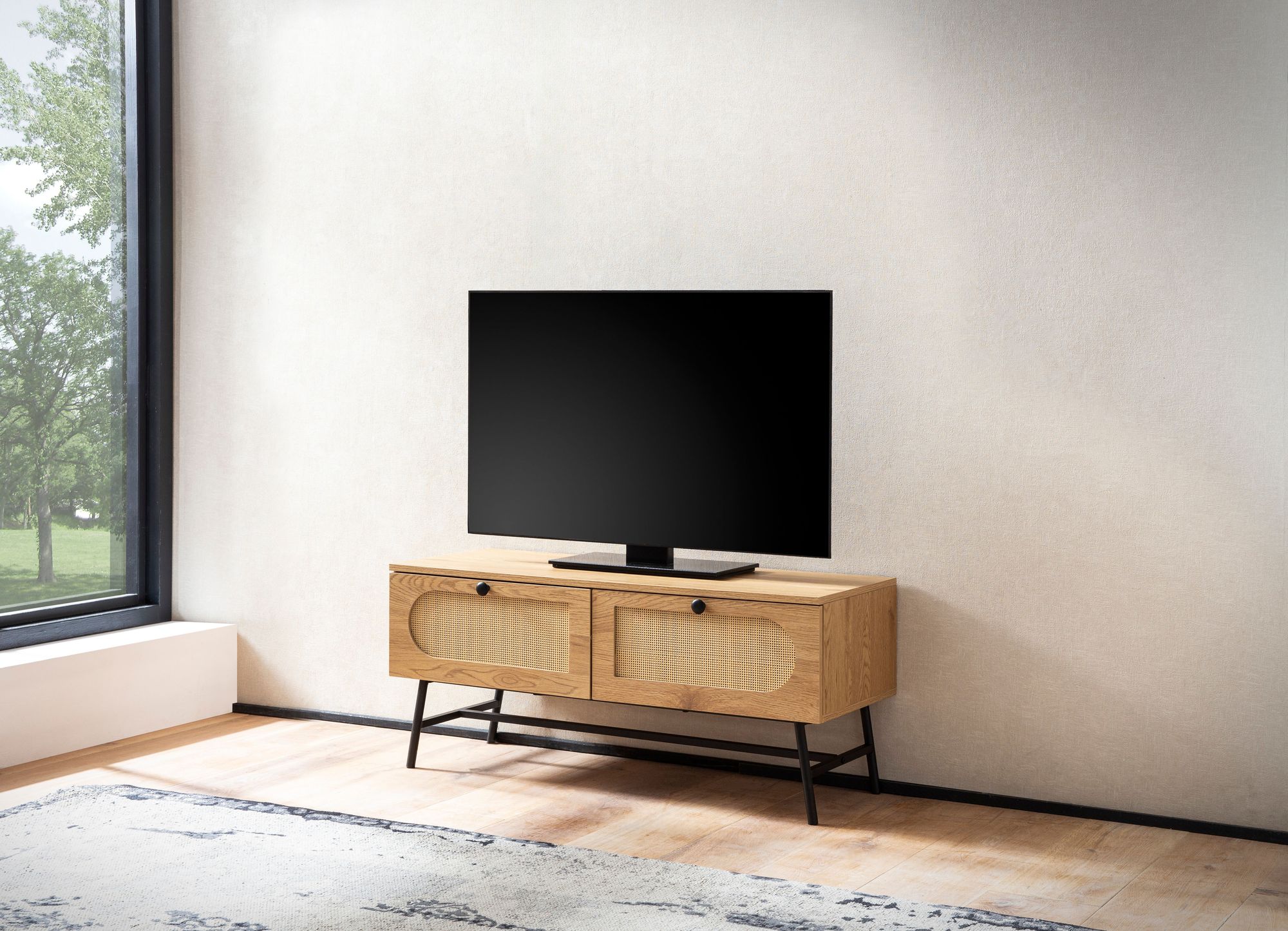 FineBuy Lowboard 100x45x40 cm TV-Kommode mit Eiche-Dekor & Rattan, Design TV-Schrank Hoch mit Schubladen, Fernsehtisch Fernsehschrank, Fernsehkommode Wohnzimmer | Farbe: Braun
