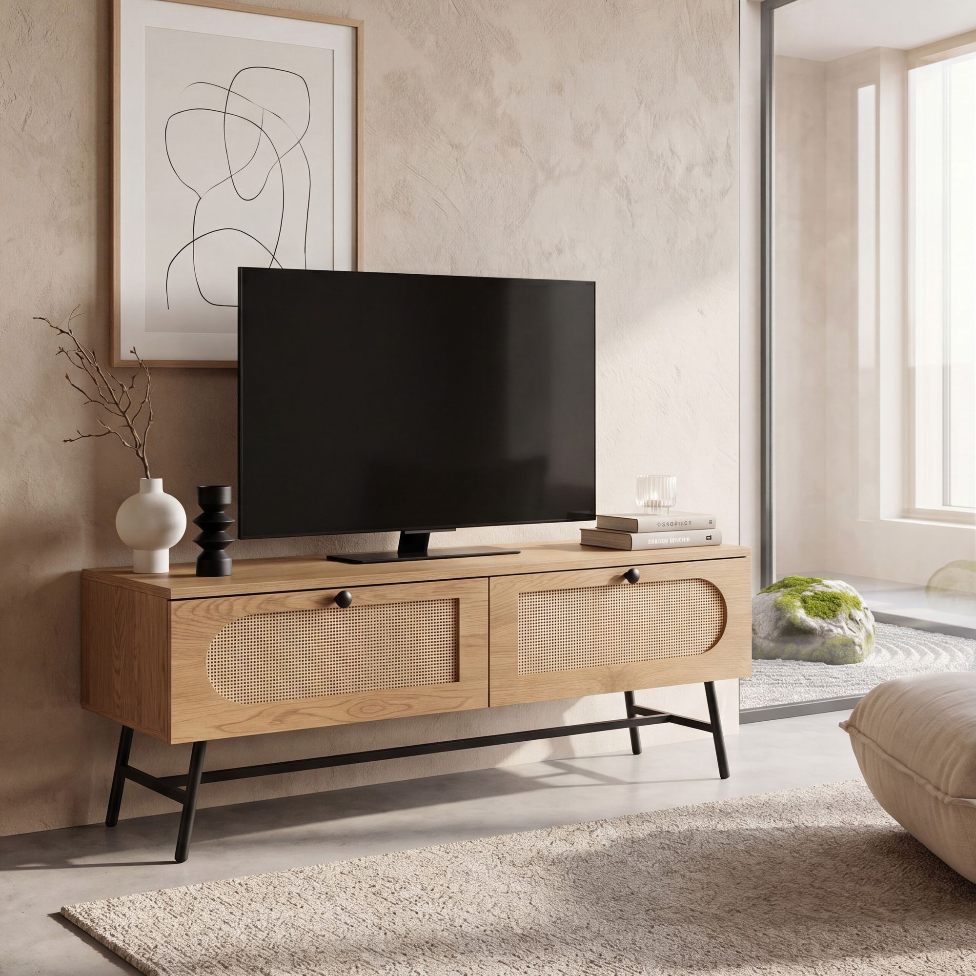 TV-Board 100cm MDF Eiche Dekor 2 Schubladen Wiener Geflecht Ratten Fernsehschrank Lowboard – Ansicht 1