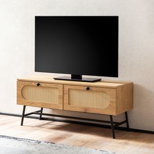 FineBuy Lowboard 100x45x40 cm TV-Kommode mit Eiche-Dekor & Rattan, Design TV-Schrank Hoch mit Schubladen, Fernsehtisch Fernsehschrank, Fernsehkommode Wohnzimmer
