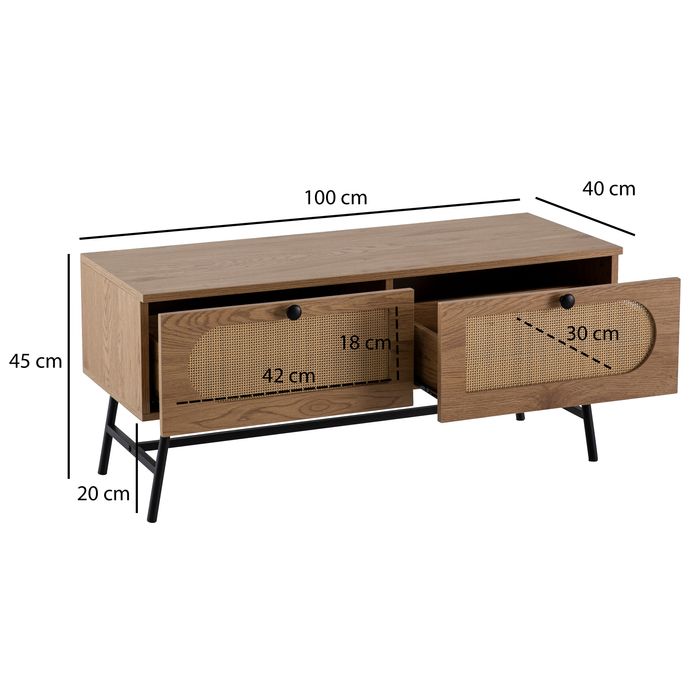 TV-Board 100cm MDF Eiche Dekor 2 Schubladen Wiener Geflecht Ratten Fernsehschrank Lowboard – Maßzeichnung