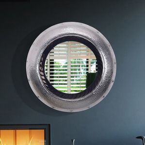 FineBuy Wandspiegel 74 cm Metall Design Hängespiegel Silber, Aluminium Dekospiegel Rund mit Rahmen Hammerschlag, Spiegel Wand Groß, Flurspiegel Garderobenspiegel Modern