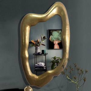 FineBuy Wandspiegel Asymmetrisch 100x57 cm Metall Design Hängespiegel Gold, Aluminium Dekospiegel Unförmig mit Rahmen, Spiegel Wand Groß, Flurspiegel Garderobenspiegel Modern