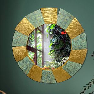 FineBuy Wandspiegel Modern 63 cm Metall Design Hängespiegel Burnt Gold, Eisen Dekospiegel Rund Ausgefallen, Hammerschlag Spiegel Wand Groß, Flurspiegel Garderobenspiegel Modern