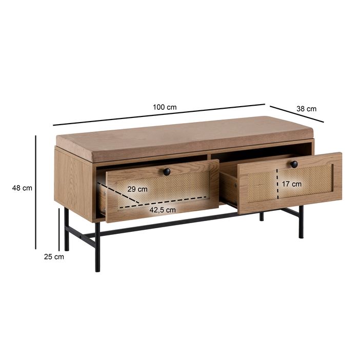 Schuhbank FineBuy Flurbank 100 cm Sitzbank Rattan Schuhregal Eiche Schubladen – Maßzeichnung