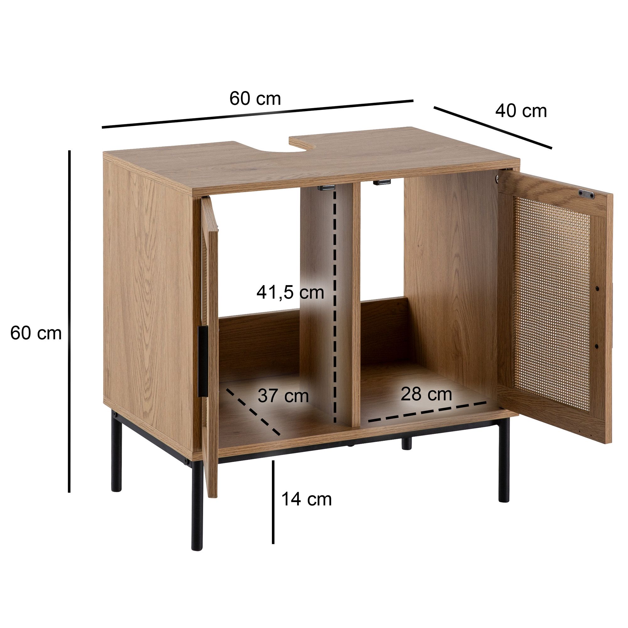 FineBuy Waschbeckenunterschrank Eiche-Optik 60x60x40 cm mit Türen, Badezimmerschrank mit Rattangeflecht, Unterschrank Stehend, Badschrank Midischrank Klein Waschtisch | Farbe: Braun